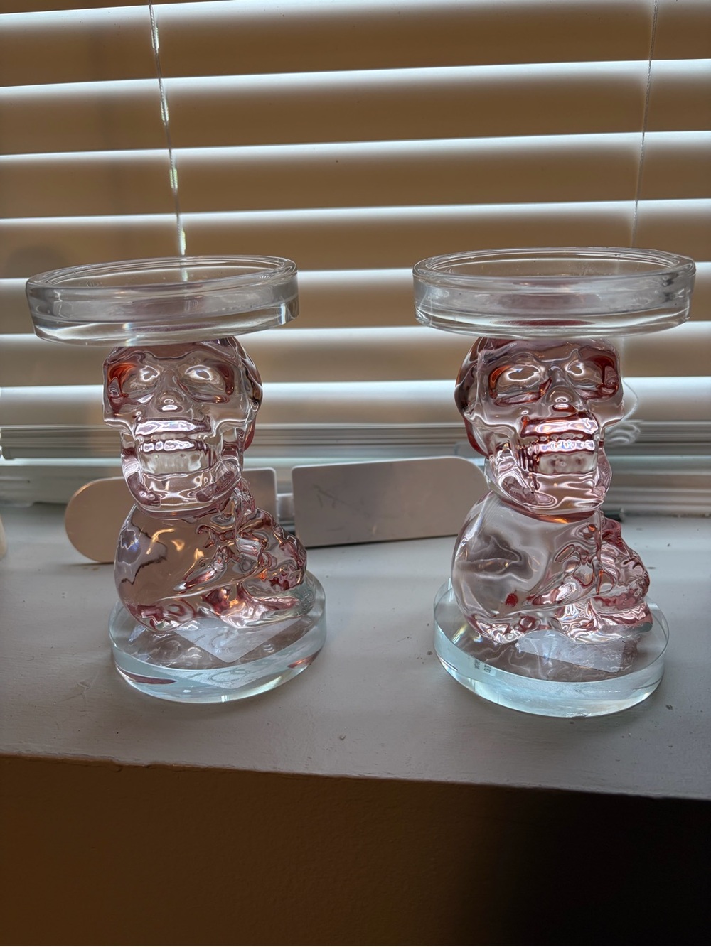 Pink Glass Skull Candle Holders - Decorative Home Accent